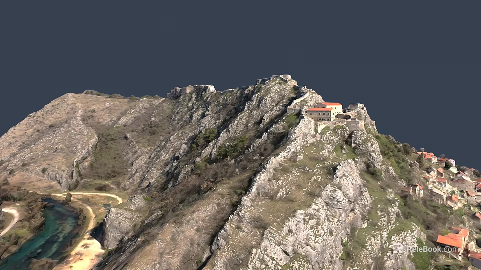 Scenic Mountain Landscape with Rocks Green Vegetation Red Roofed Building and Path Near Waterfront 3d model 