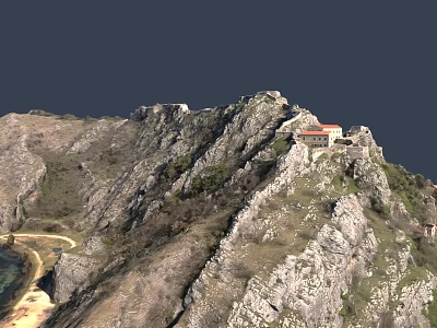 Scenic Mountain Landscape with Rocks Green Vegetation Red Roofed Building and Path Near Waterfront 3d model