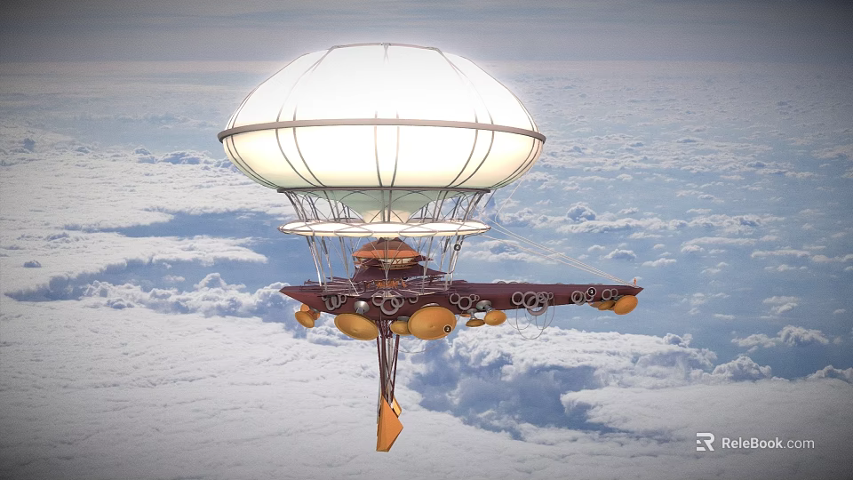 Large White Envelope Airship Flying High Above Clouds With Propellers And Cabin 3d model 
