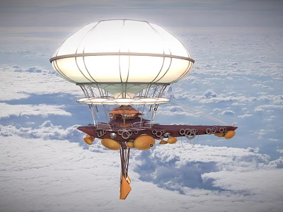 Large White Envelope Airship Flying High Above Clouds With Propellers And Cabin 3d model