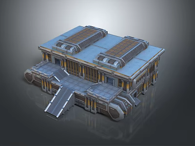 Cartoon Scene Of Large Building With Blue Roof Skylights Columns And Steps 3d model