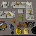 Modern Modular Sofa Set With White Upholstery Colorful Pillows And Accent Ottomans