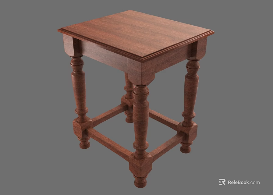 Classic Wooden Side Table With Square Top Carved Legs And Cross Support Base 3d model 