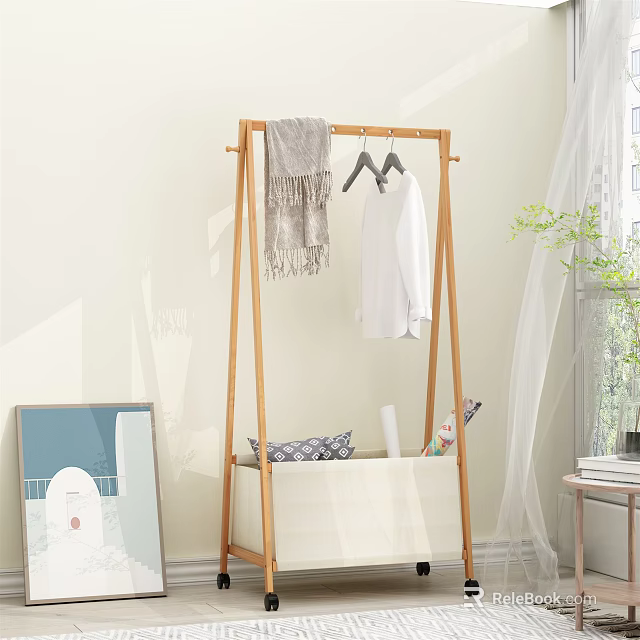 Wooden Floor Standing Clothes Rack With Storage Basket Hanging Shirt Scarf In Room 3d model 