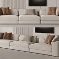 Beige Sectional Sofa with Brown and Beige Cushions in Modern Interior Light Walls Vertical Stripes