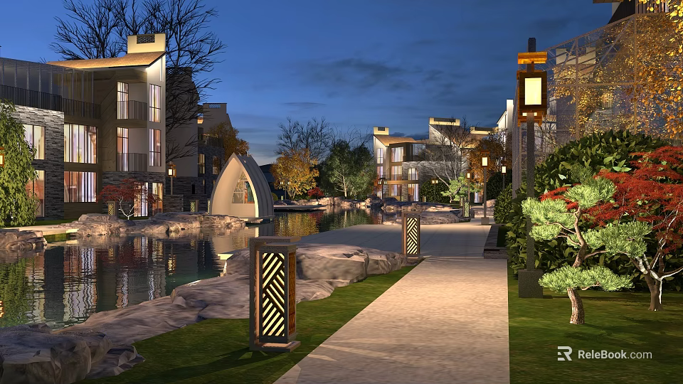 Nighttime Garden Landscape With Residential Buildings Waterscape Walking Path And Lighting 3d model 