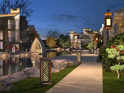 Nighttime Garden Landscape With Residential Buildings Waterscape Walking Path And Lighting 3d model