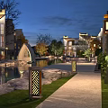 Nighttime Garden Landscape With Residential Buildings Waterscape Walking Path And Lighting
