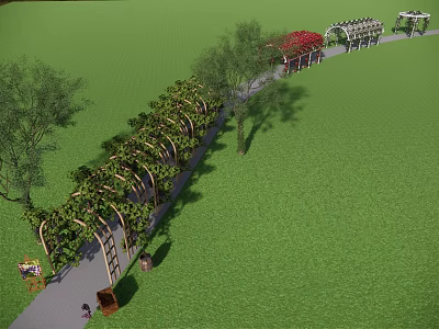 Scenic Garden Pathway With Pergolas Vines And Green Lawn Surroundings 3d model