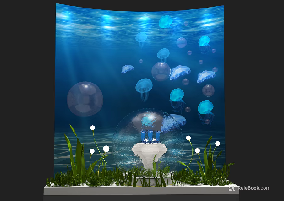 Underwater Themed Window Display Featuring Jellyfish Bubbles Aquatic Plants And Transparent Stand 3d model 