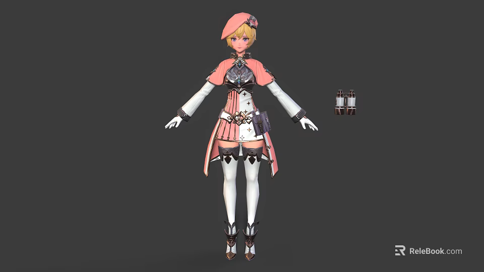 Stylish Female Fantasy Character In Pink White Outfit With Small Companion Creature And Ornate Details 3d model 