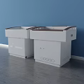 Two Modern White Functional Tables with Brown Tops and Cabinet Storage Units