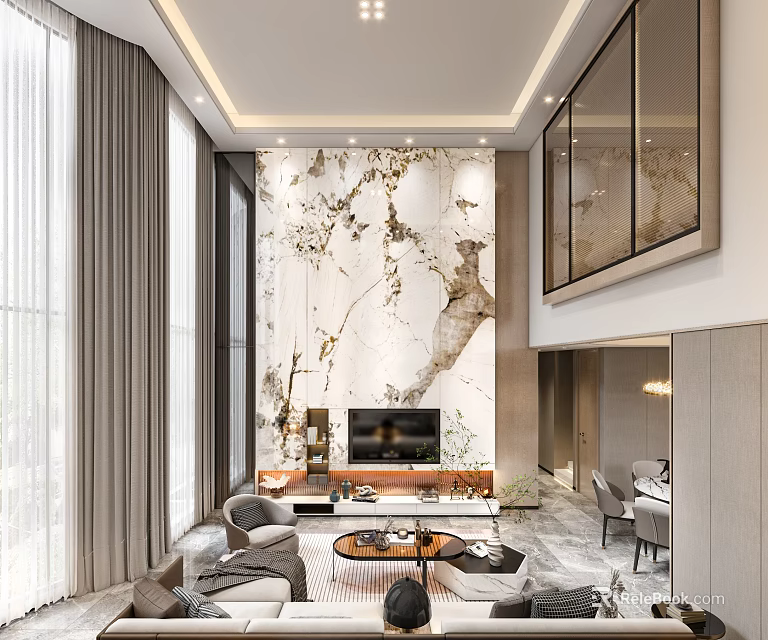 Modern Duplex Living Room Interior With Marble Accent Wall Floor To Ceiling Windows And Sofas 3d model