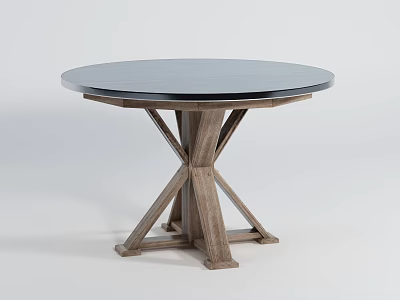 Round Modern Dining Table With Black Tabletop And Wooden X Shaped Legs 3d model