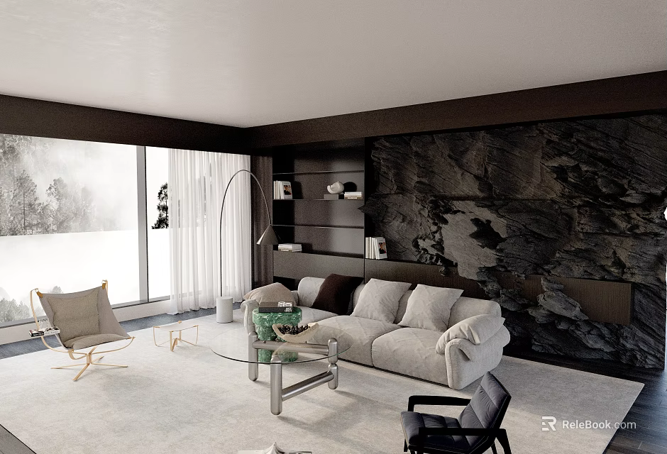 Modern Minimalist Living Room With Natural Stone Wall Cozy Plush Sofa And Large Panoramic Window 3d model 