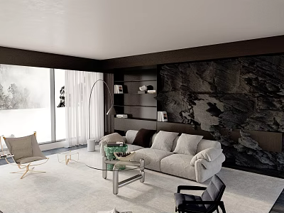 Modern Minimalist Living Room With Natural Stone Wall Cozy Plush Sofa And Large Panoramic Window 3d model