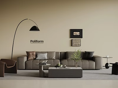 Living Room Sofa Coffee Table Set With Brown Chair Floor Lamp Wall Art Green Plant 3d model