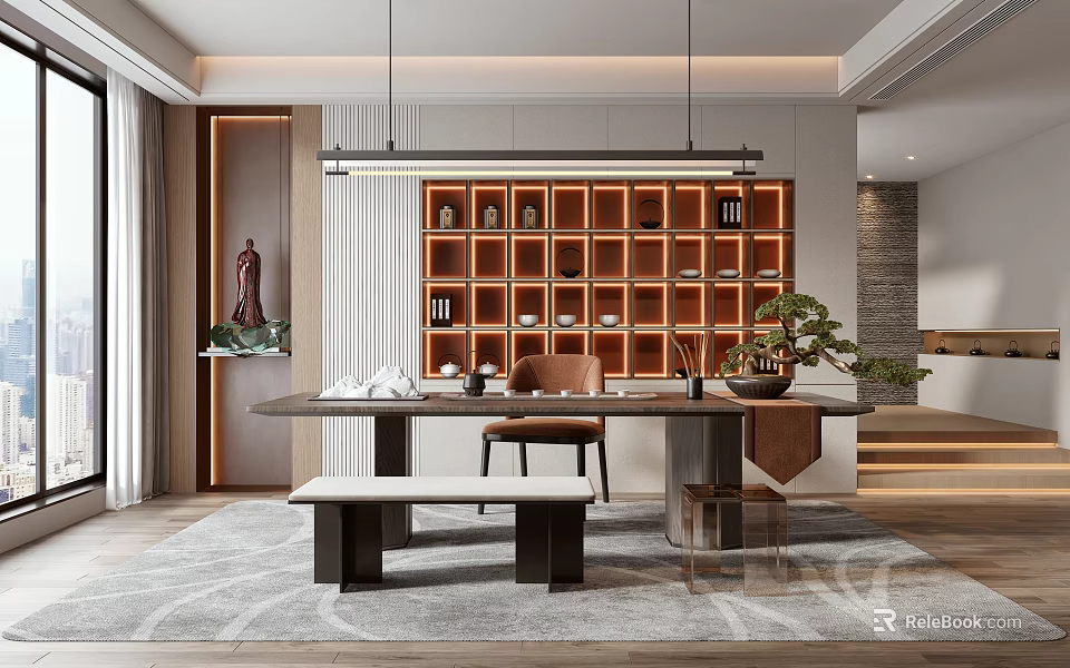 Modern Tea Room Interior With Table Bench Chairs And Display Shelves 3d model