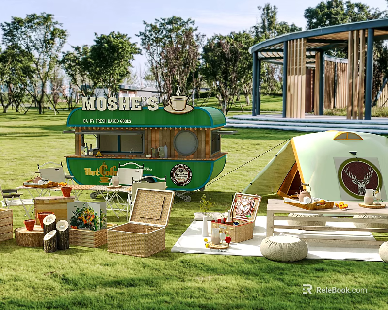 Camping Camp With Green Food Truck Tent And Picnic Area On Grassland 3d model 