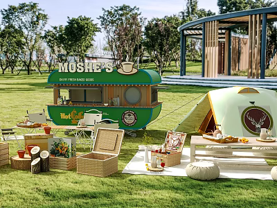 Camping Camp With Green Food Truck Tent And Picnic Area On Grassland 3d model