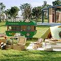 Camping Camp With Green Food Truck Tent And Picnic Area On Grassland