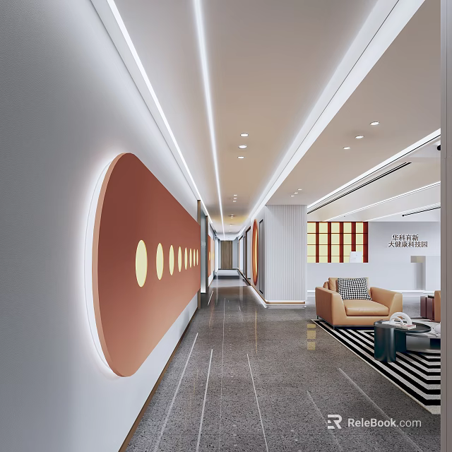 Modern Office Hallway Interior With Circular Wall Decor Lighting Strips And Lounge Sofa Area 3d model 
