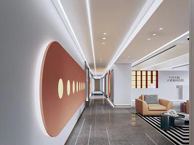 Modern Office Hallway Interior With Circular Wall Decor Lighting Strips And Lounge Sofa Area 3d model