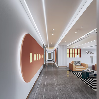 Modern Office Hallway Interior With Circular Wall Decor Lighting Strips And Lounge Sofa Area 3d model