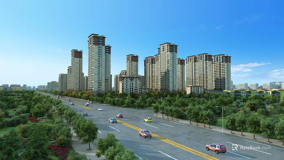 Modern High Rise Residential Buildings With Green Trees Cars On Road And Clear Blue Sky 3d model 