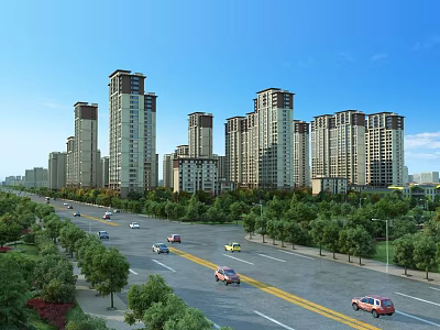 Modern High Rise Residential Buildings With Green Trees Cars On Road And Clear Blue Sky 3d model