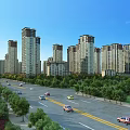 Modern High Rise Residential Buildings With Green Trees Cars On Road And Clear Blue Sky