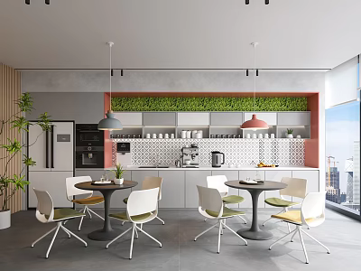 Modern Office Break Room Interior With Tables Chairs Green Plant Wall Coffee Machine And Cabinets 3d model