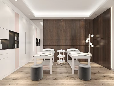Luxury SPA Sauna Interior With Massage Tables Wooden Walls And Modern Ambient Lighting 3d model
