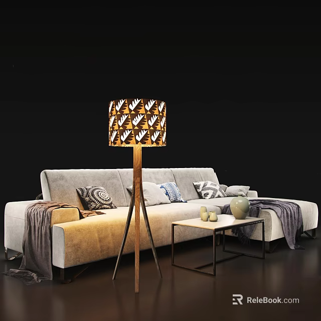 Light Gray Sectional Sofa With Decorative Pillows Throw Blanket Patterned Floor Lamp And Side Table 3d model