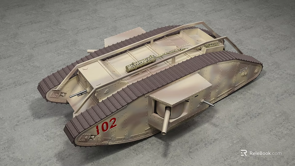 Vintage Military Tank With 102 Marking And Tracked Undercarriage On Gray Surface 3d model 