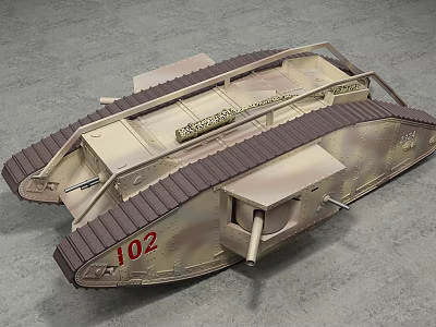 Vintage Military Tank With 102 Marking And Tracked Undercarriage On Gray Surface 3d model