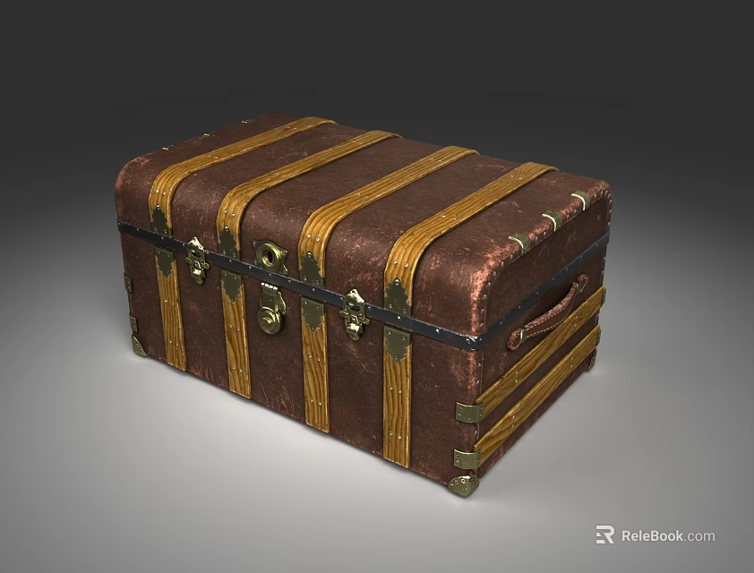 Vintage Brown Trunk With Gold Straps Metal Locks Handle And Metal Feet 3d model 