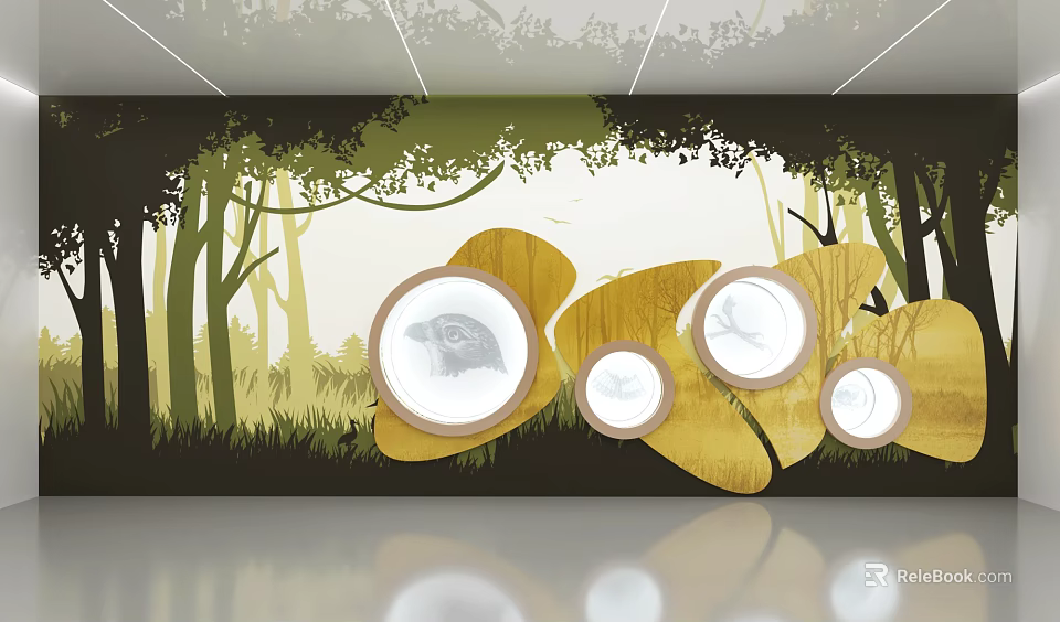 Forest Themed Wall Decoration With Leaf Shaped Frames And Circular Mirrors 3d model