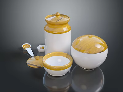 Artistic Ceramic Sculpture Carvings Featuring Yellow And White Jars With Lids And Bowls 3d model