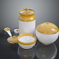 Artistic Ceramic Sculpture Carvings Featuring Yellow And White Jars With Lids And Bowls