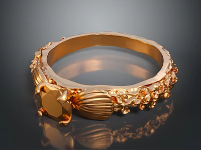 Elegant Gold Ring With Intricate Carvings And Central Gemstone Design 3d model