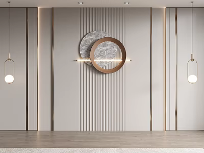 Modern Interior Wall Design With Vertical Stripes Circular Marble Decor And Gold Accent Lines 3d model