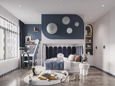 Modern Kids Room Interior With Blue Wall Circular Decor Staircase Bed And Study Desk 3d model