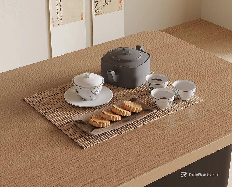 Traditional Tea Set with Teapot Cups Tray on Bamboo Mat Wooden Table and Biscuits 3d model 