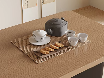 Traditional Tea Set with Teapot Cups Tray on Bamboo Mat Wooden Table and Biscuits 3d model