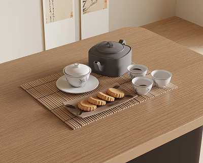 Traditional Tea Set with Teapot Cups Tray on Bamboo Mat Wooden Table and Biscuits 3d model