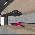 Modern Showroom Interior With Wooden Ceiling White Cabinets Red Sofa And Large Sunset Screen