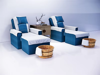 Two Blue And White Massage Beds With Small Table Decorative Wooden Buckets On White Background 3d model