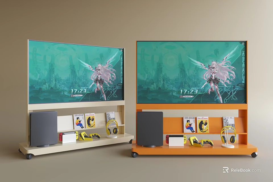 Two Modern TVs Displaying Anime Character On Wheeled Stands With Toys And Books 3d model 
