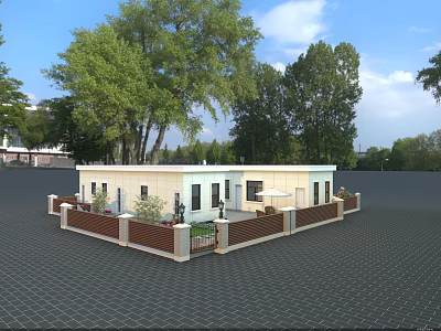 Light Colored Guesthouse Building With Wooden Fence And Green Trees Around Paved Ground 3d model